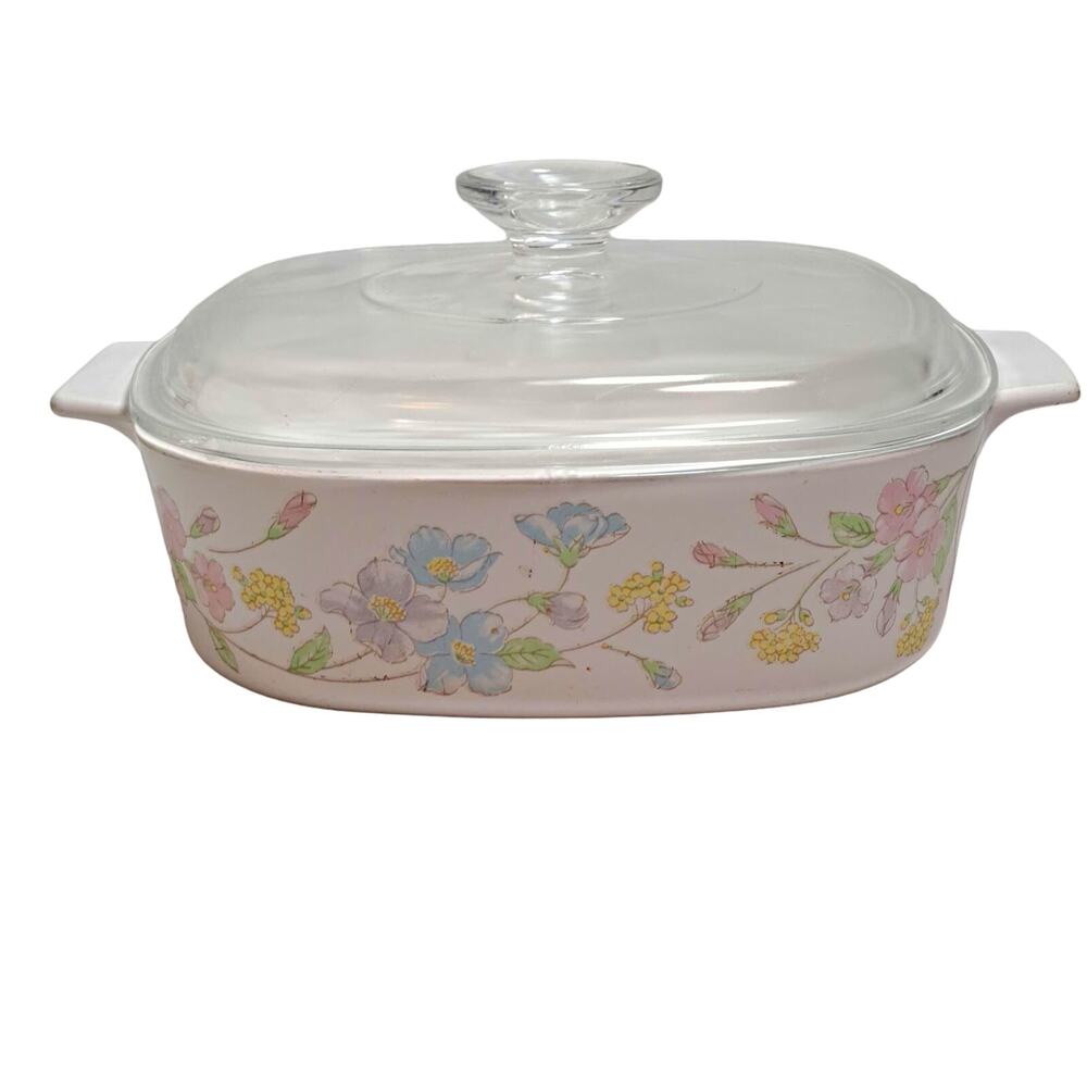 Vintage 1980s Corning Ware Pastel Bouquet 2 Liter Covered Square Dish A-2-B
